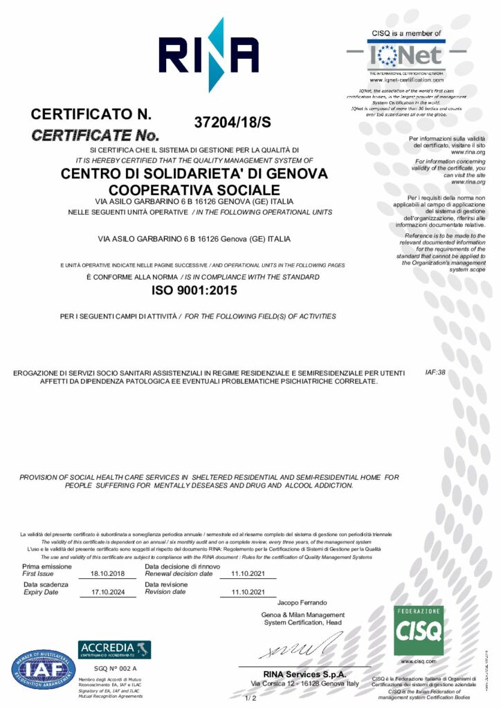 certificato qualità RINA coop ceisge