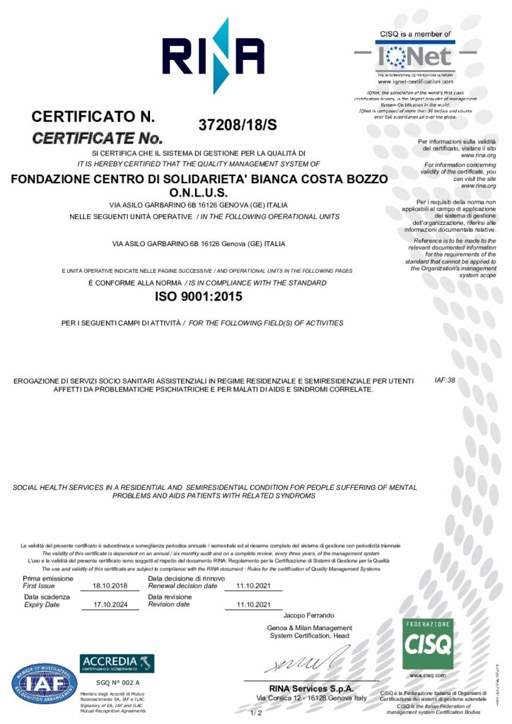 certificato qualità RINA fond ceisge